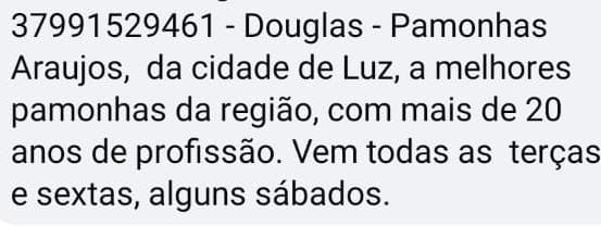 Print de indicação no WhatsApp: as melhores pamonhas da região, mais de 20 anos de profissão